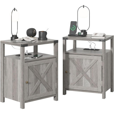 Ensemble de 2 tables de chevet, table de chevet avec station de charge, table de chevet avec armoire de rangement, table de bout de style campagnard pour salon avec ports et prises USB