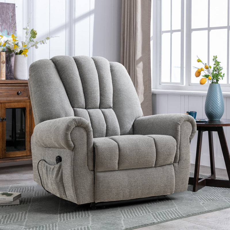 Fauteuil inclinable électrique large et ultra large avec télécommande Arkeisha, Chenille gris pâle