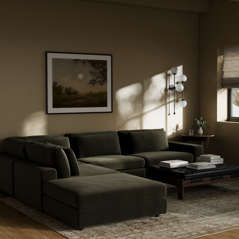 Bloor Modular Sectional, Surrey Olive Cotton Blend, Right Hand Facing