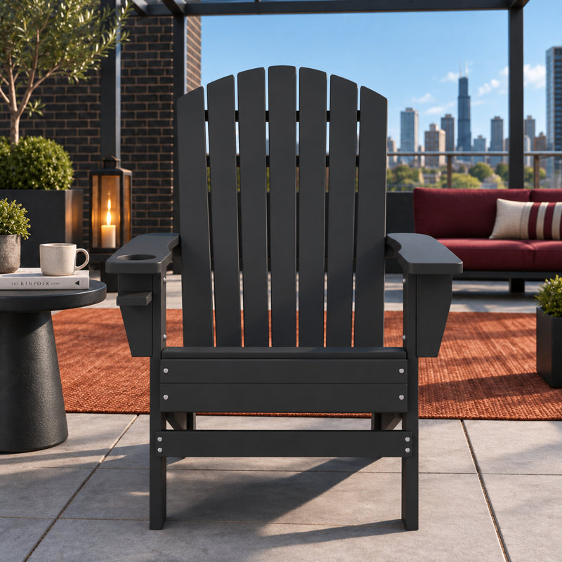 Fauteuil Adirondack rustique à dossier haut et lattes en bois, idéal pour se détendre au jardin ou sur la terrasse., Noir