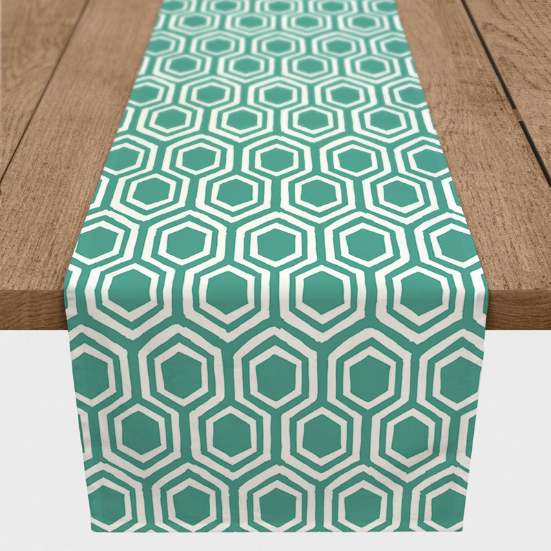 Chemin de table Hexagons, 90 po x 16 po, Bleu sarcelle
