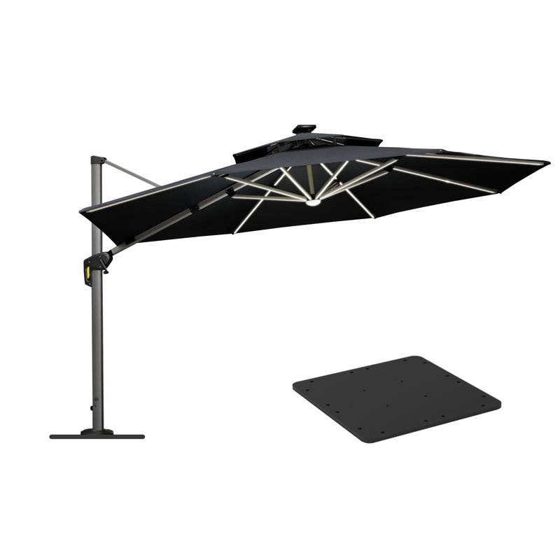 Belmiro 12 Ft Double Top Deluxe Round Solar Powered LED Patio Umbrella with Steel Plate Base, Gray