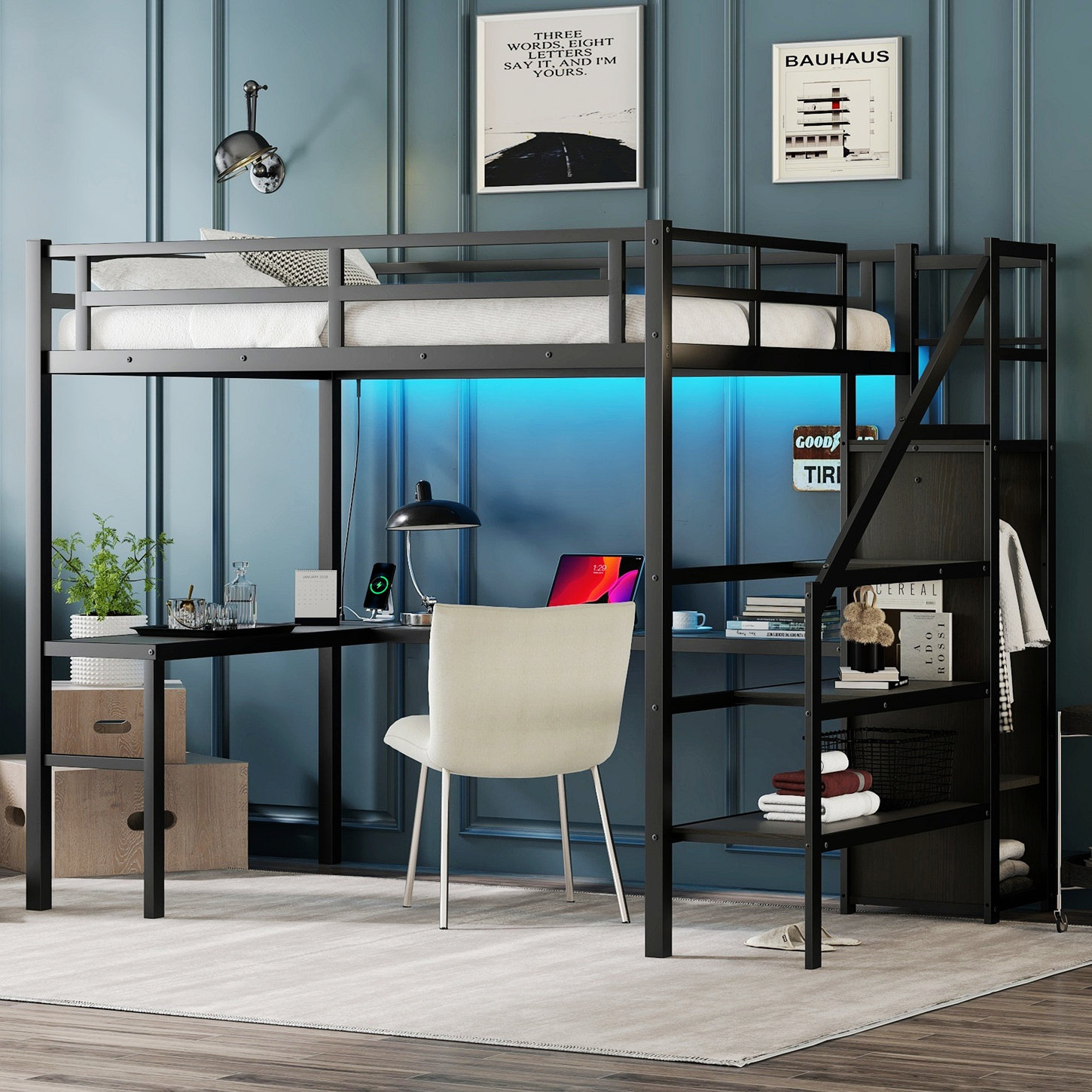 Isabelle & Max™ Full Size Loft Bed With L-Shaped Desk And Usb, Metal ...