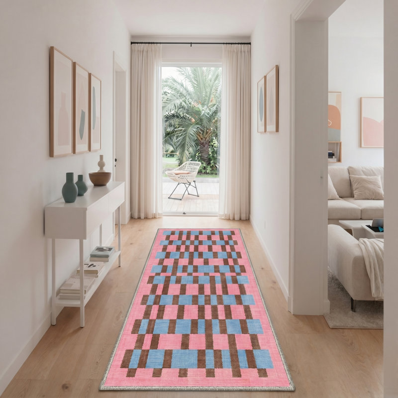 Abrahamson Canvas Geometric Machine Washable Blue / Pink Indoor Area Rug with Non-Slip Backing, Runner 2' x 7'