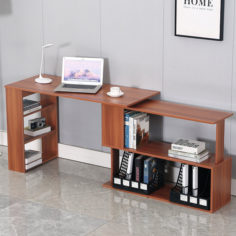 Bureau d'angle en L 360 degrés avec 5 tablettes ouvertes, Brun