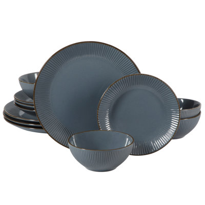 Gibson Home Plates and Bowls Set, 12 Piece Dinnerwae Set for 4, Blue