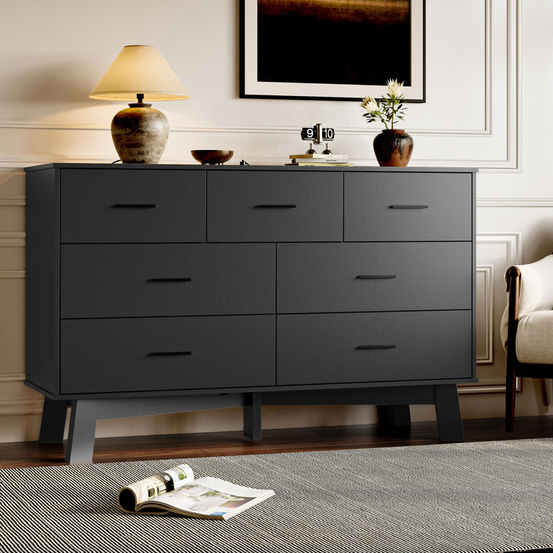7 Drawer MDF Wide Modern Chest Of Drawers With X-Shaped Sturdy Base, Black