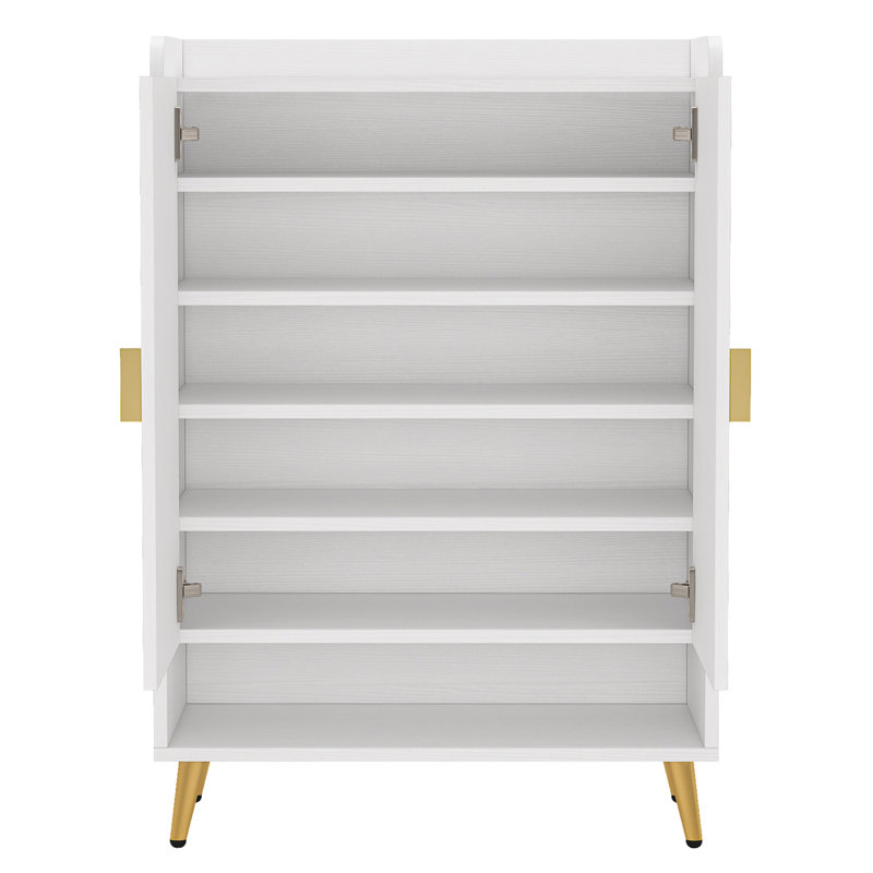 29.6” White & Gold Wooden Shoe Cabinet With Doors, 7-Tier Shoe Storage Organizer, White/Gold