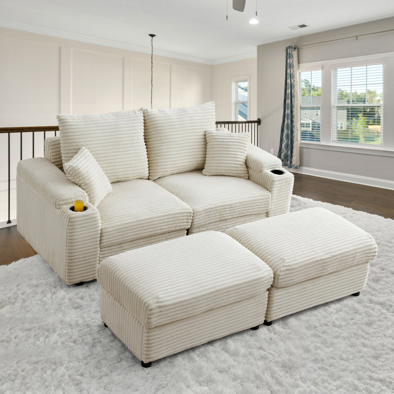 Blossie 70.8"W Luxury Corduroy Modular Chaise Lounge, 2 Cup Holders, 2 Storage Ottoman, 2 Seaters Loveseat Sofa, Cream