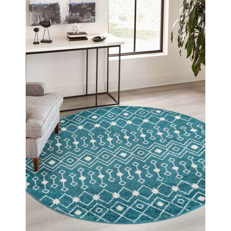 Tapis bleu / blanc en chenille / polyester tissé à la machine Briehn, Rond 3 pi 3 po