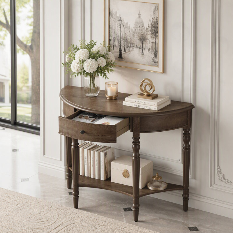Console demi-lune avec tiroir et tablette, Noyer, Noyer, Noyer