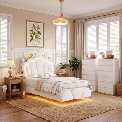 Ensemble de chambre à coucher de luxe 3 pièces avec nuage, lit plateforme tapissier en velours avec rangement caché et lumières DEL, commode moderne à 6 tiroirs avec design anti-basculement, ensemble de mobilier de chambre stable