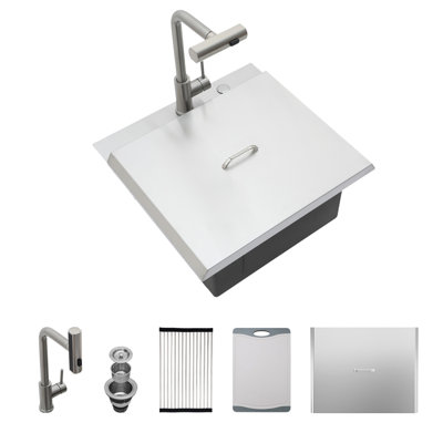 21 Inch Drop In Kitchen Sink With Pull-Out Faucet And Sink Cover - 21 " X 20" Bar Prep Sink Stainless Steel 16 Gauge Workstation Sink Drop-In Topmount Single Bowl Kitchen Sink