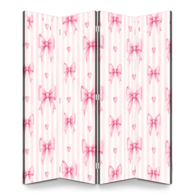 Cloison pliante 4 panneaux à paravent à l'aquarelle rose royal avec nœuds cœurs doux