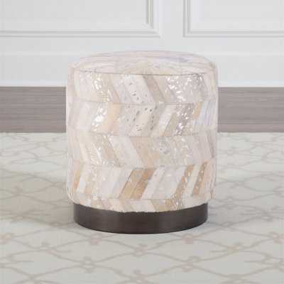 Elegant Beige 16" x 16" x 18" Handwoven Chevron Compact Ottoman with Matte Black Base
