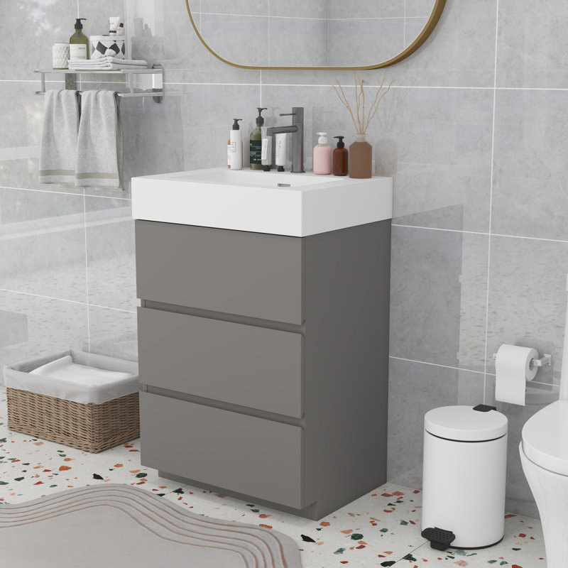 Meuble-lavabo moderne avec lavabo, Gris, Blanc