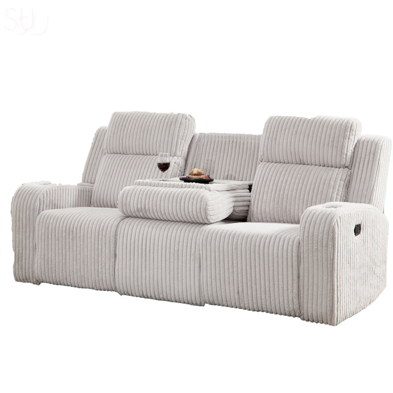 3-Seater Manual Recliner Sofa With Faux Fur, Cup Holders, Flipped Middle Backrest, Wireless And USB Charging, Ideal For Living Room Relaxation, Recliner