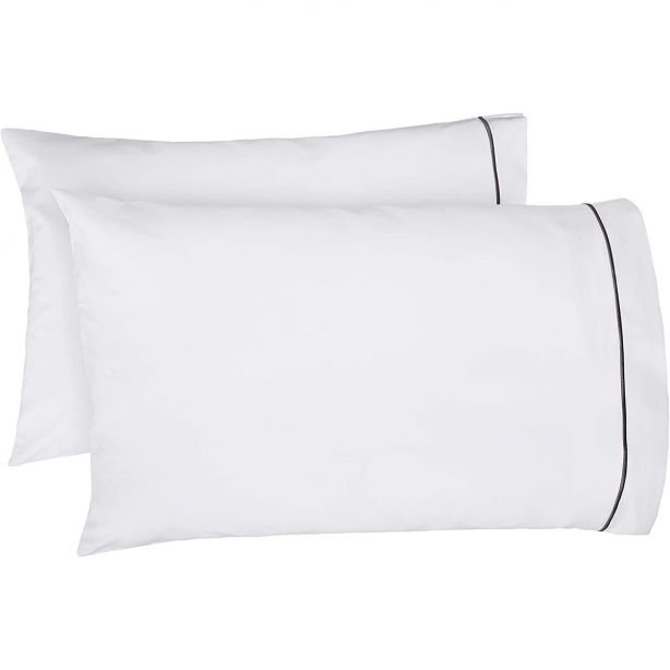 400TC Single Embroidery Cotton Sateen Pillowcases (Set Of 2), White/Dark Grey