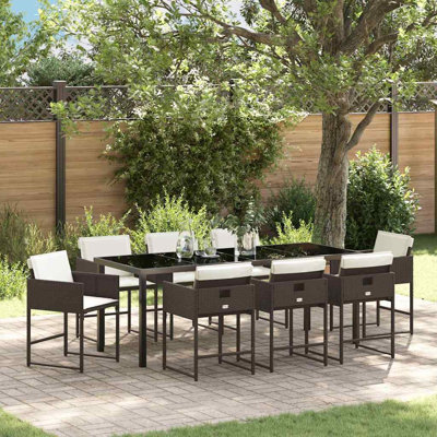  Garden Dining Set with Cushion 9 pcs Brown Poly Rattan