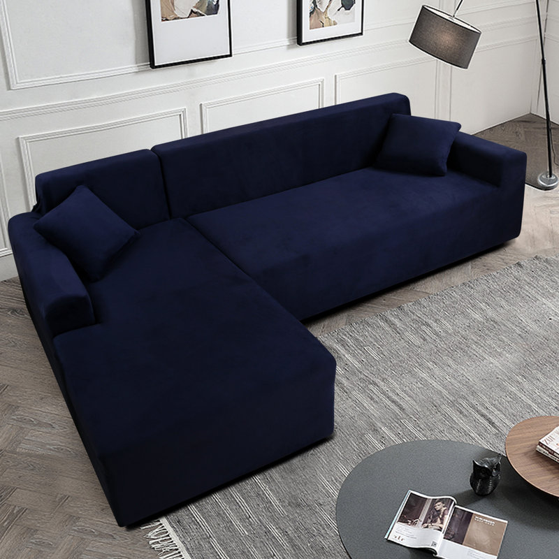 Thick Velvet L-Shaped Sofa Cover - Sectional Sofa Cover With 2 Throw Pillow Covers, Navy