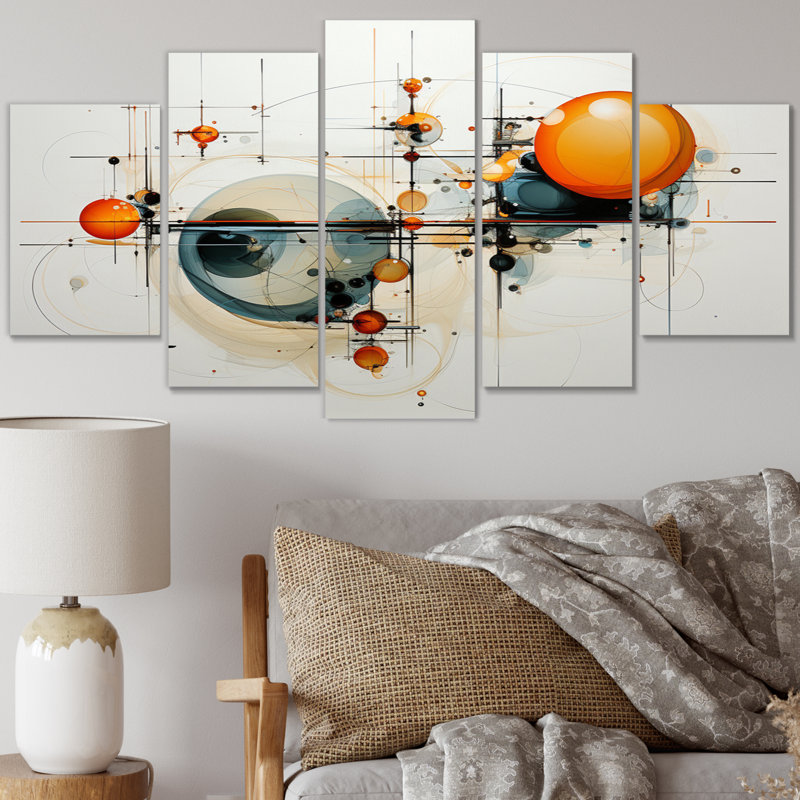 «Teal Orange Line Art Conceptual Abstractions II», reproduction d'art murale moderne - 5 panneaux