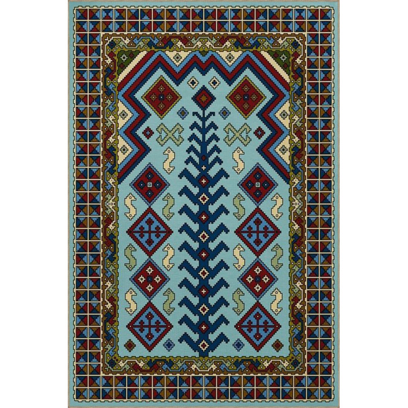 Tapis tissé bleu lavable à motif d'arbre traditionnel, Tapis de couloir 3 pi 3 po x 9 pi 10 po