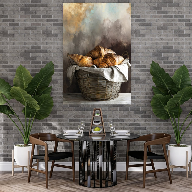 «Golden Croissants Basket», art mural rustique, H 60 po x l 40 po
