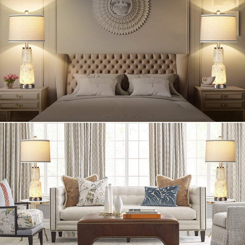 Table Lamps Nightlight 2in1 Glass Ink Textile 2-Way Touch Switch(Set of 2), Beige