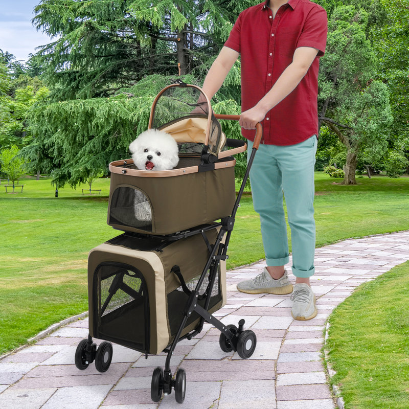 Poussette pour animal de compagnie à deux niveaux avec support réglable, poignée pliable et roues pivotantes à 360 ° (capacité de 77 lb)