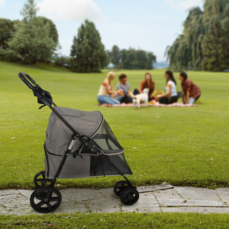 Foldable Gray Pet Stroller with Breathable Mesh for Small to Medium Dogs