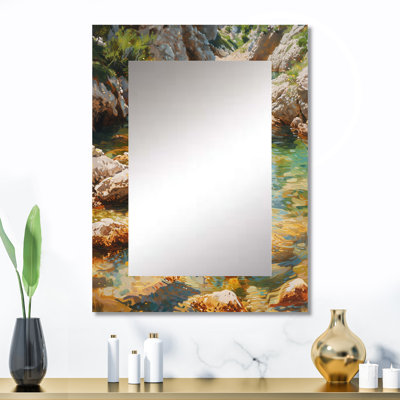 River Trout pêche dans les montagnes II - miroir décoratif de pêche, miroir mural moderne, impression sur métal