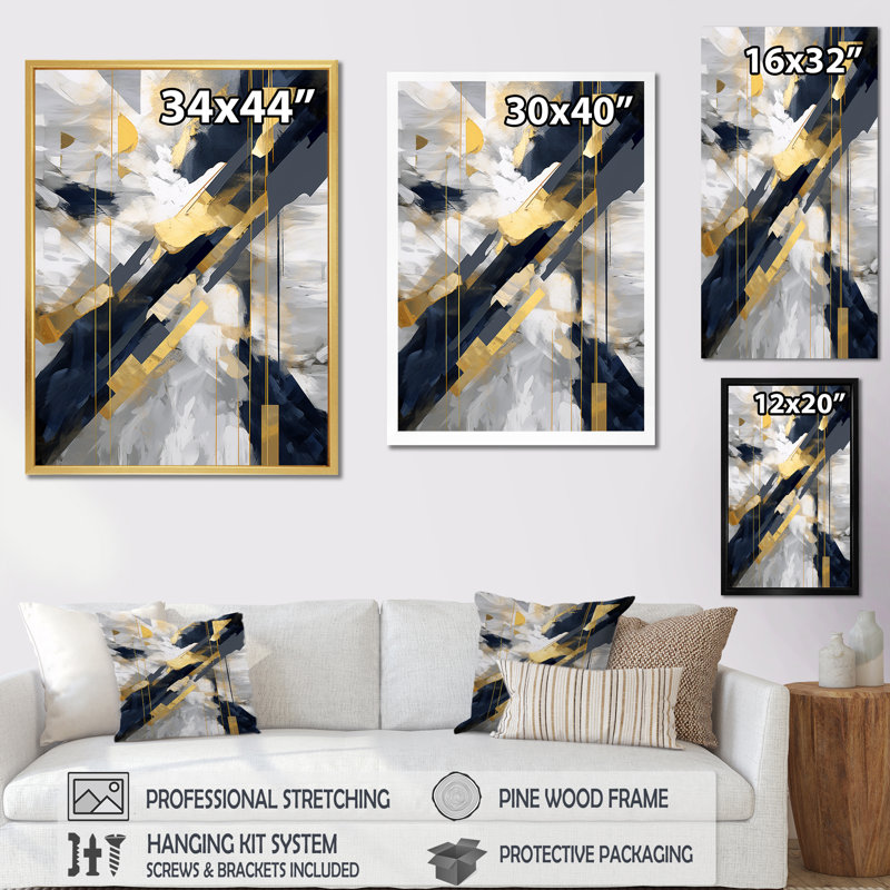 Abstrait or et combat noir I - Formes abstraites, impressions sur toile, Cadre simple noir, H 32 po x l 24 po x P 1 po