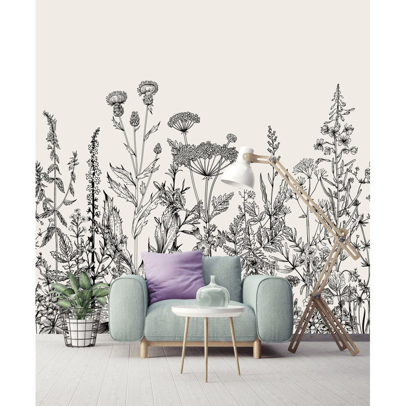 Panneau de papier peint amovible en textile noir et blanc fleurs plantes de jardin Palmer, L 35 po x l 55 po