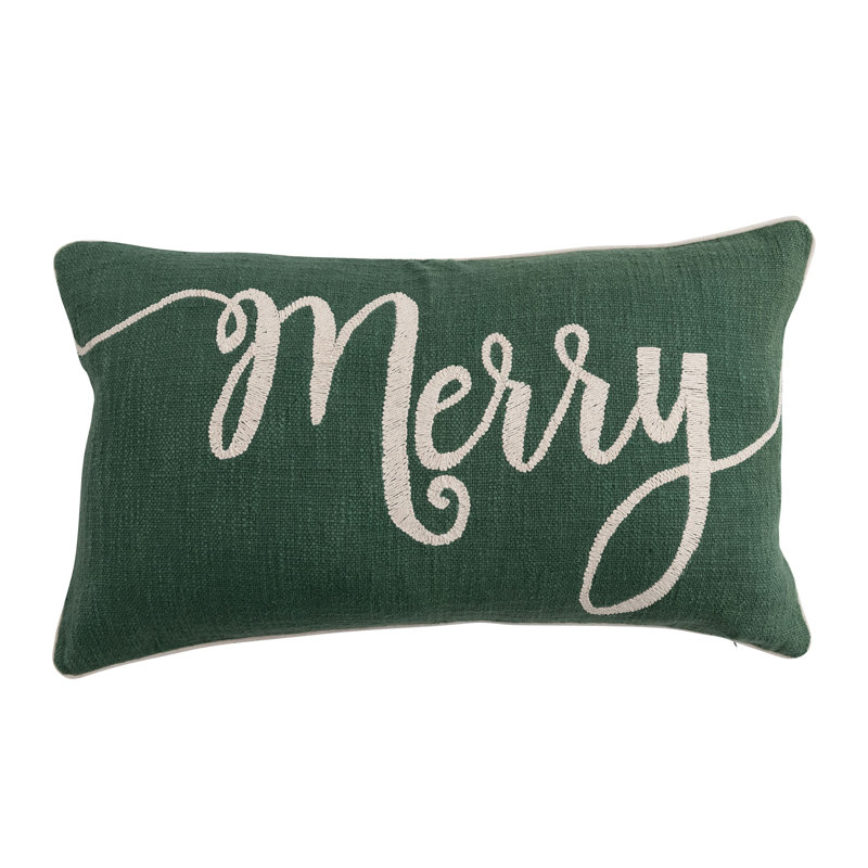 Cotton Slub Lumbar Pillow With Embroidered "Merry", Polyester, Rectangle 14"H x 24"W, Green Christmas 1
