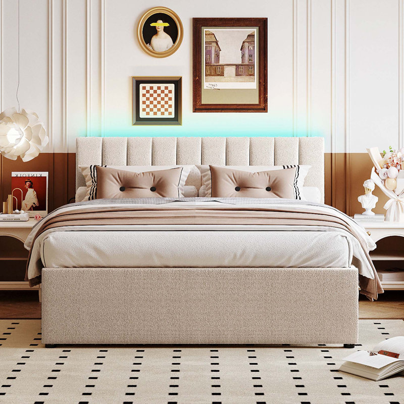 Lit plateforme tapissier Teddy, Beige, Grand