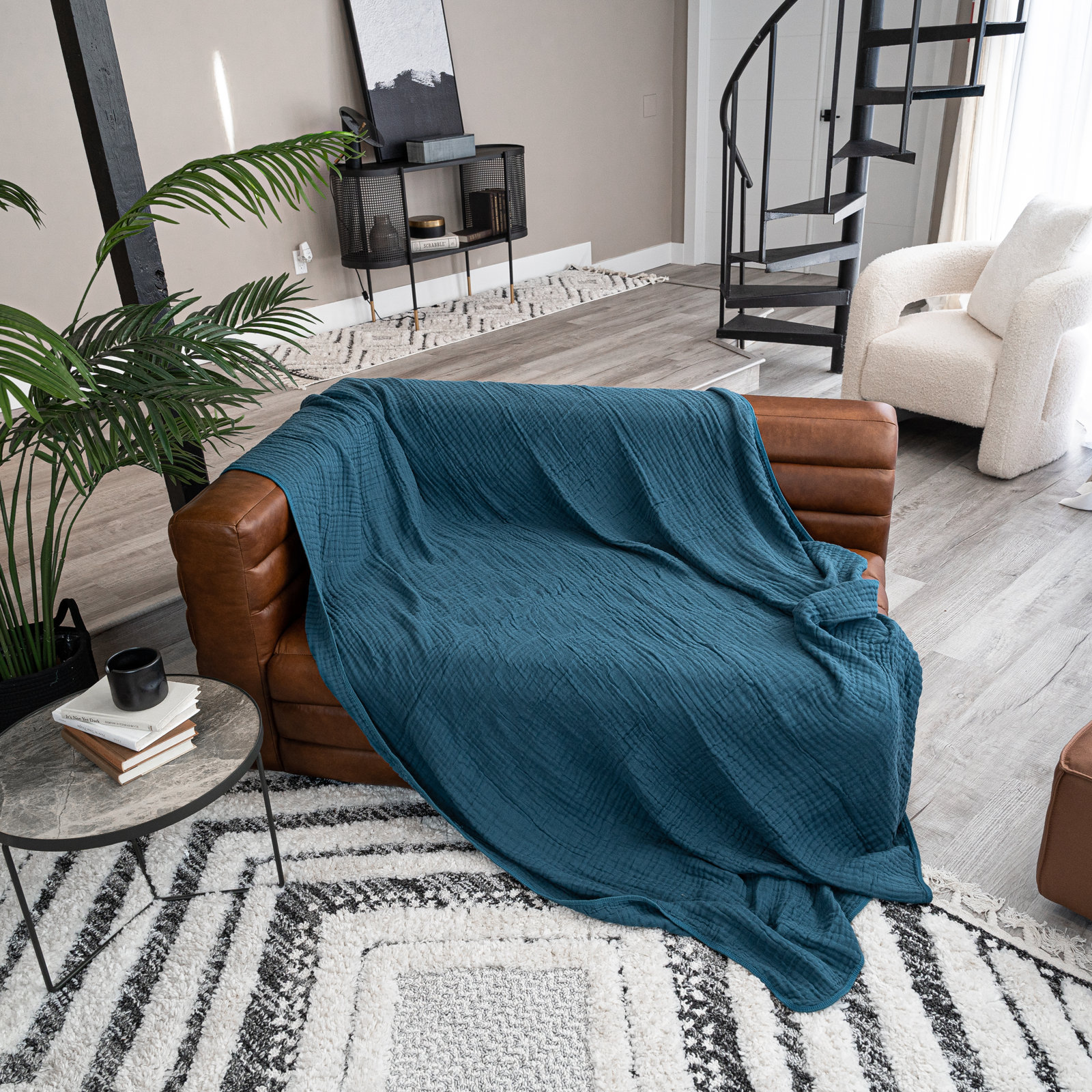 Karlina Cotton Muslin Throw Blanket, Neptune, Throw