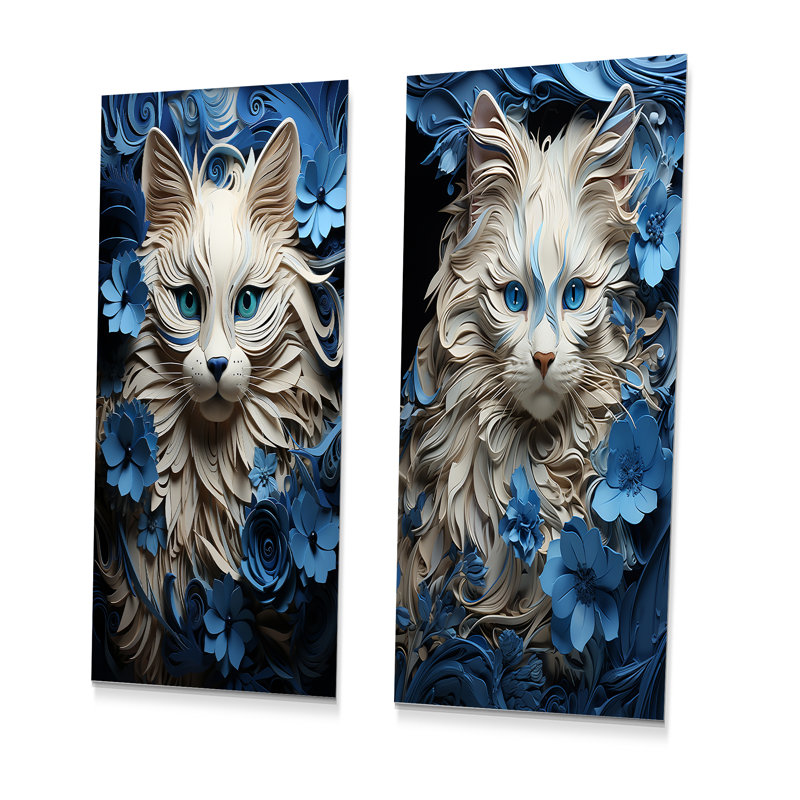 Blanc et bleu Birman Bliss Cat - ensemble de 2 impressions sur chat en métal, H 28 po x l 24 po