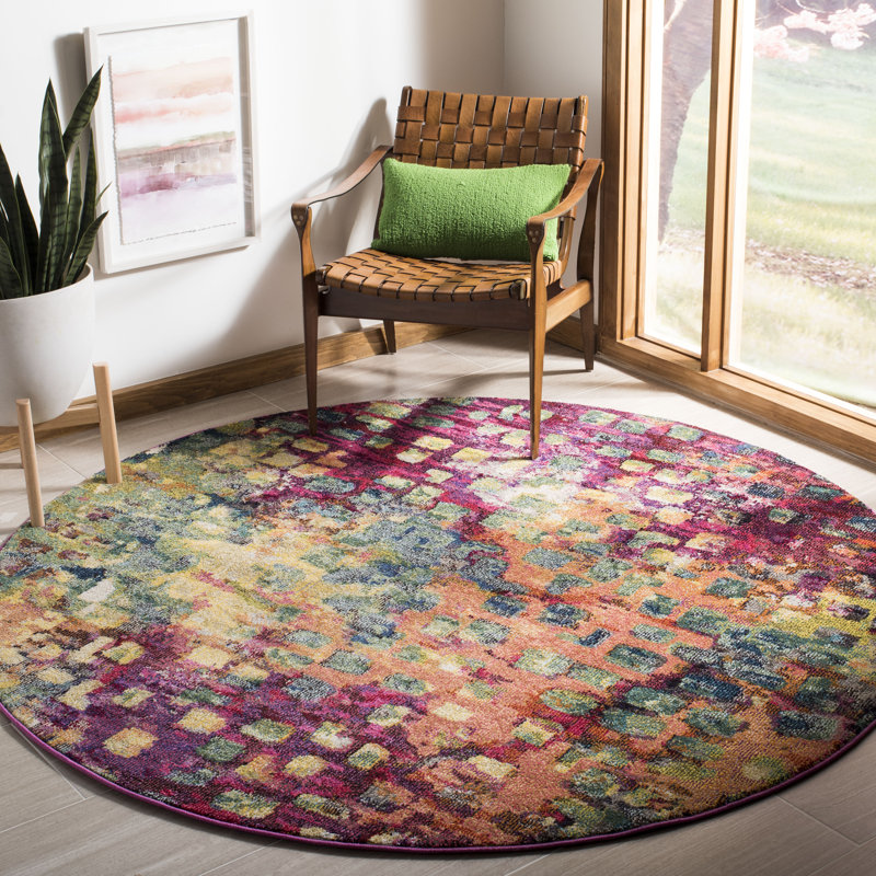 Isabea Abstract Pink/Green/Yellow Area Rug, Round 9'