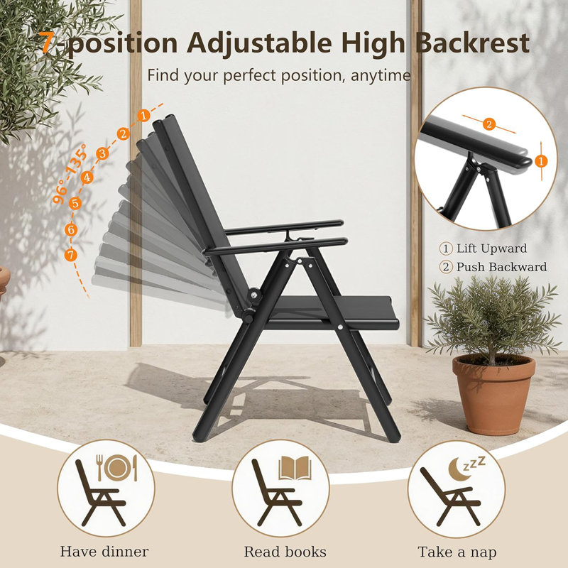 Foldable Outdoor Garden Dining Chairs, 7-Level Adjustable Reclining Backrest with Armrests, Black