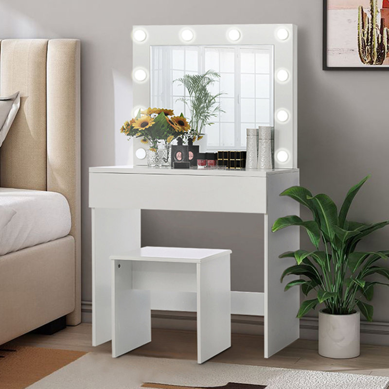 Ensemble coiffeuse en bois massif avec tabouret et miroir, Blanc