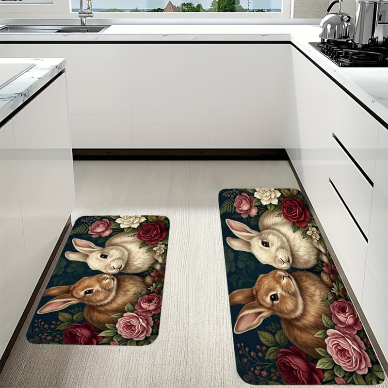 Tapis de cuisine Floral Bunny pour cuisine, 2 pièces, bleu marine multicolore