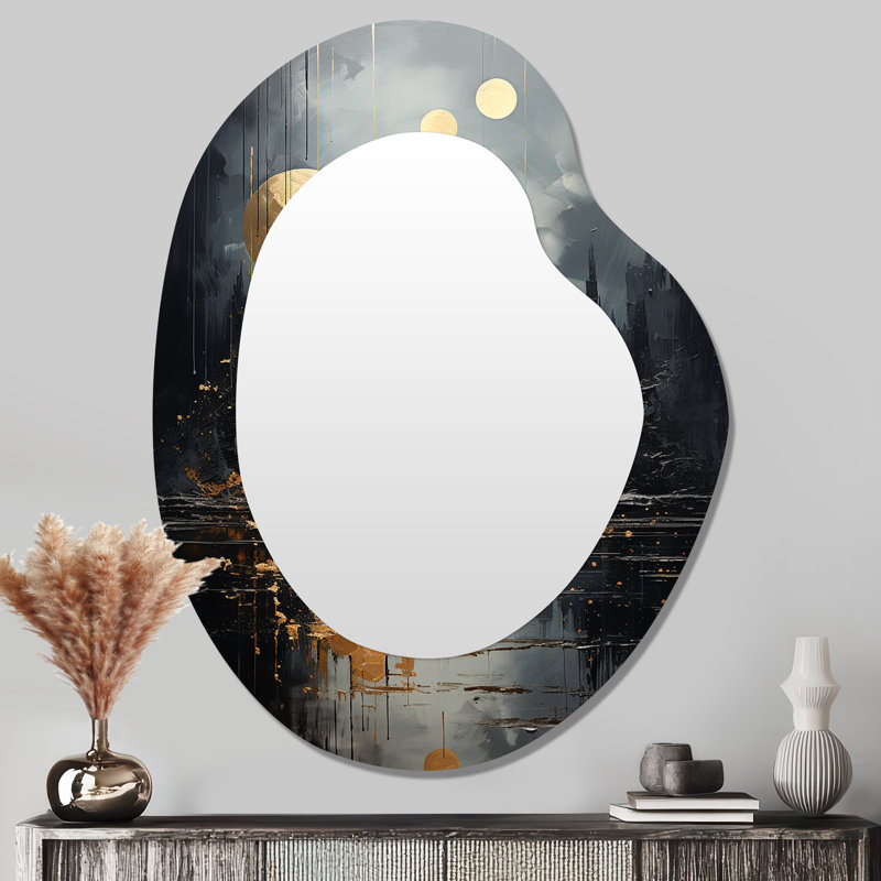 Golden Cityscape Full Moon Reflection - Paysages, miroir asymétrique, miroir mural gris unique