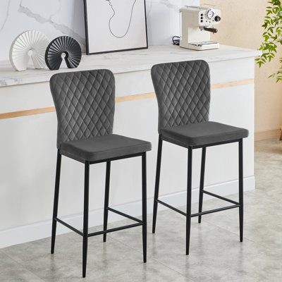 Vintage Suede/Velvet Diamond Pattern Upholstered High Back Bar Stool