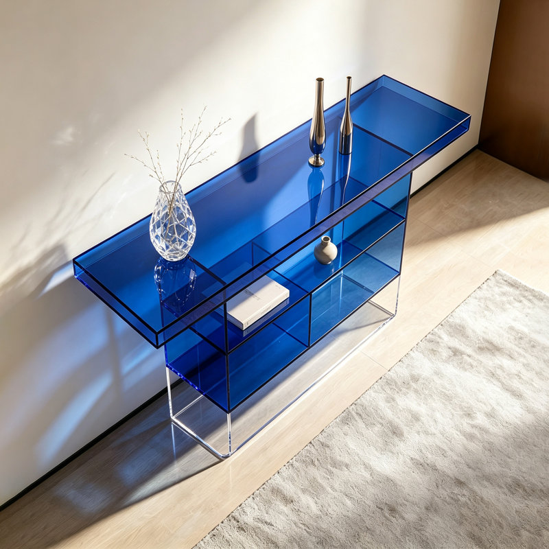 Blue Acrylic Modern Console Table, 27.56" H x 39.37" W x 11.81" D