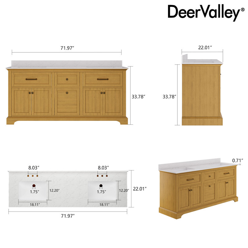 72" Walnut Freestanding Double Bathroom Vanity with Marble Top