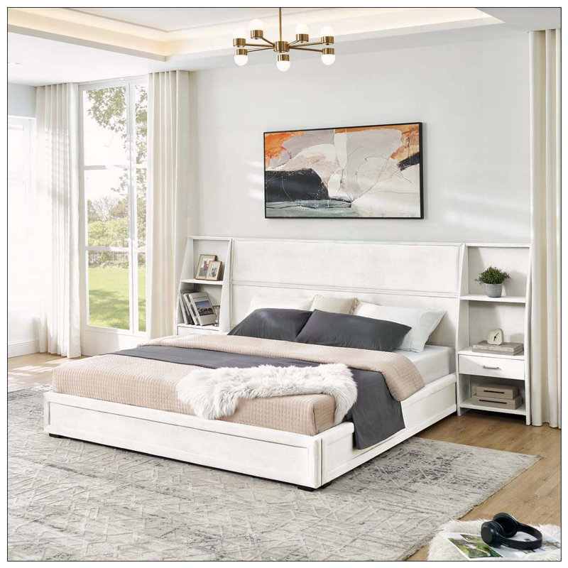 Base de lit plateforme avec rangement moderne, tête de lit tapissier avec bibliothèques latérales et tiroir, King, Beige