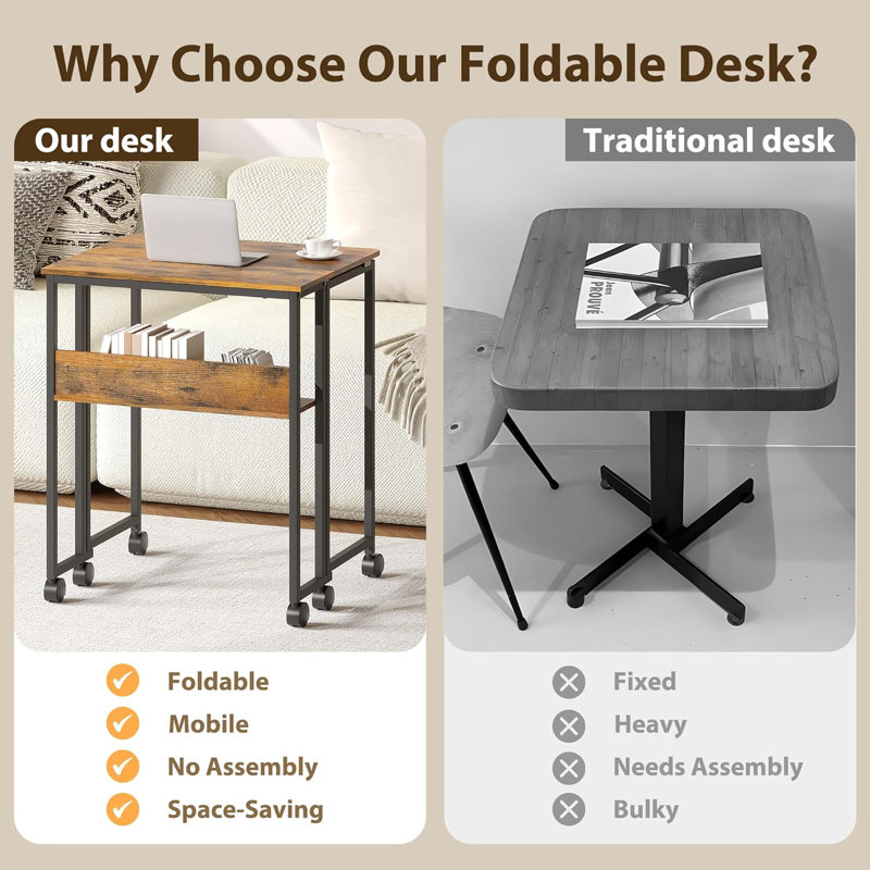 Space-Saving Folding Computer Desk with Wheels and Storage Shelf – Compact Home Office Table – Sturdy Workstation – Adjustable, Easy to Assemble – Ideal for Bedroom or Study