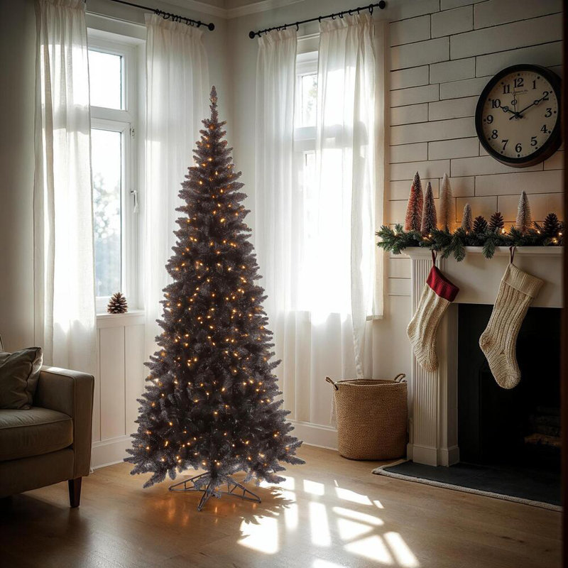 Black Fir Slim Artificial Christmas Tree, 9' H, Pre-Lit