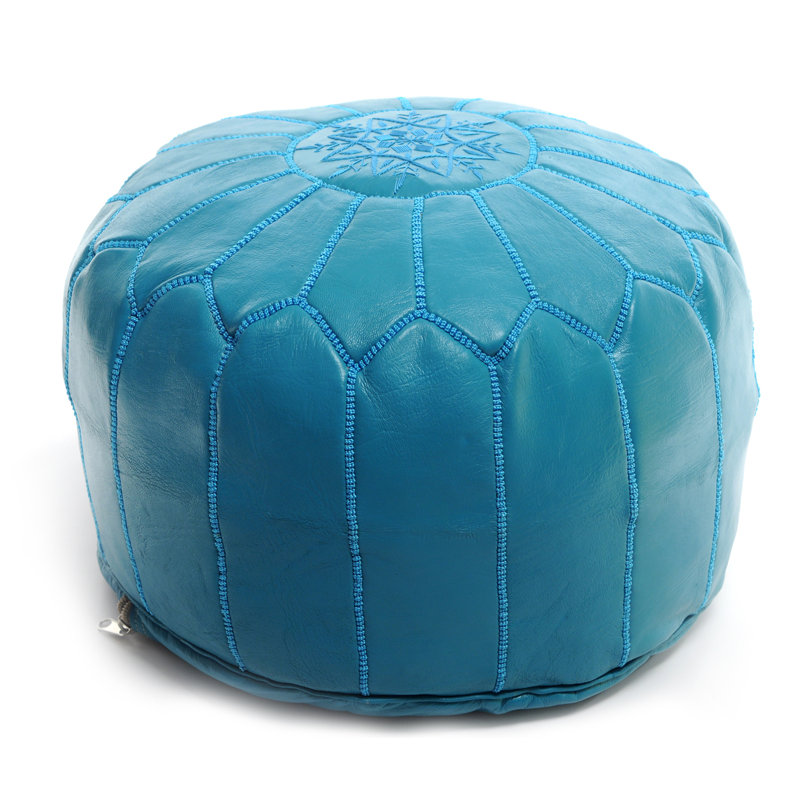 Upholstered Pouf, Morrocan Leather Turquoise, Turquoise