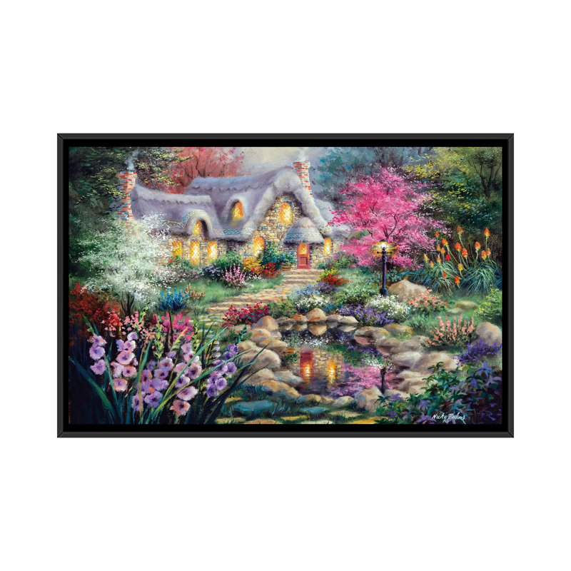 «Cottage Pond» par Nicky Boehme, impression sur toile tendue, Toile avec cadre noir, H 32 po x l 48 po x P 1,5 po